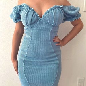 NWT Blue Puff Sleeve Knit Bodycon Dress